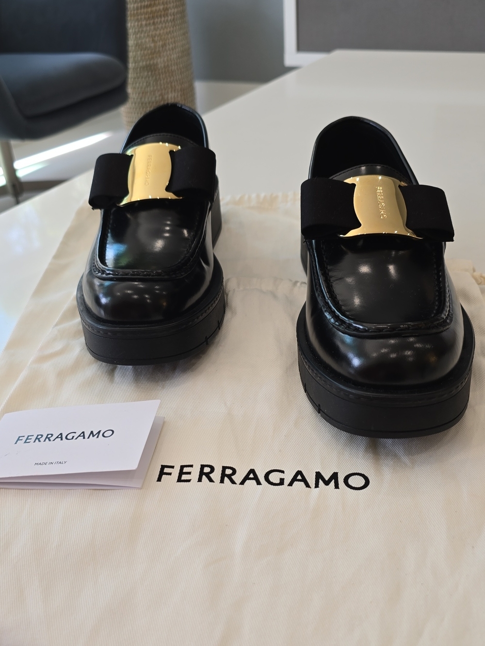 Salvatore Ferragamo Black Leather Loafers with Gold Buckle